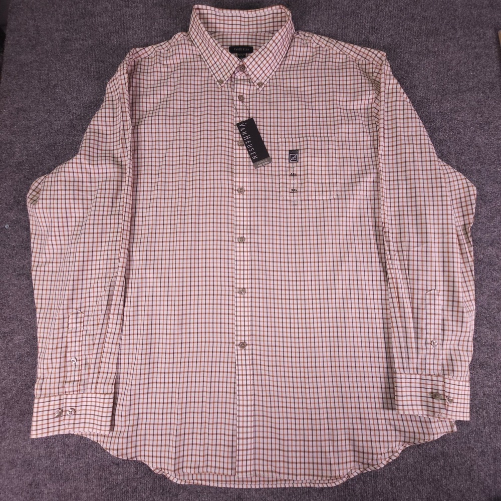 New Men's XXL 18–18.5 Van Heusen No Iron Plaid White Black Brown Dress‎ Shirt